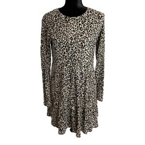 Zara Womens L Mini Dress Tan Leopard Print Long Sleeve Tiered Ribbed Knit
